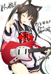  ;d animal_ears cat_ears commentary_request female guitar instrument luna_lia mechakon! one_eye_closed open_mouth school_uniform smile solo twintails yatake_tsubaki 