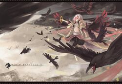  animal bandages barefoot bird breasts cleavage commentary_request crow female flock hood hooded_jacket hoodie jacket letterboxed long_hair midriff navel pants pixiv_fantasia pixiv_fantasia_5 pointing red_eyes sarashi small_breasts solo tears very_long_hair white_hair wings zhao_shuwen 