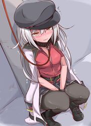  between_legs black_gloves black_pantyhose black_skirt blush collar commentary_request female full_body gangut_(kancolle) gangut_dva_(kancolle) gloves grey_hair hand_between_legs hat have_to_pee highres jacket jacket_on_shoulders kantai_collection leash long_hair military_hat military_jacket muroi_(fujisan0410) orange_eyes pantyhose peaked_cap pleated_skirt red_shirt scar scar_on_cheek scar_on_face shirt skirt solo squatting viewer_holding_leash 