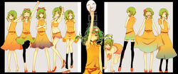  alternate_hairstyle bad_id bad_pixiv_id barefoot black_legwear commentary_request crop_top dress female flower glasses green_eyes green_hair gumi hair_flower hair_ornament hairband hairclip highres juu_mensou_(vocaloid) leggings mask midriff multiple_persona naoto_(tulip) navel orange_dress orange_skirt pantyhose photoshop_(medium) ponytail shoes short_hair single_shoe skirt thighhighs vocaloid zettai_ryouiki 