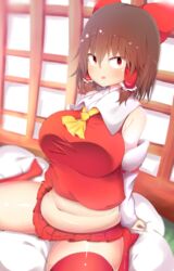  absurdres akabeco blush bow breasts commentary_request cookie_(touhou) fat_rolls female hair_tubes hairbow hakurei_reimu highres large_breasts looking_at_viewer navel parted_lips plump red_bow red_eyes red_skirt red_thighhighs reu_(cookie) seiza sitting skirt solo thick_thighs thighhighs thighs touhou 