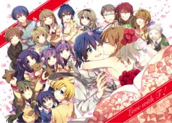  6+boys 6+girls :d ;d ^_^ antenna_hair black_hair blonde_hair blue_eyes brown_eyes brown_hair casual character_request clannad closed_eyes commentary_request dress everyone feline frills fujibayashi_kyou fujibayashi_ryou furukawa_akio furukawa_nagisa furukawa_sanae green_eyes green_hair grey_hair grin hair_ornament hairband hikarizaka_private_high_school_uniform ibuki_fuuko ibuki_kouko ichinose_kotomi kissing koumura_toshio long_hair low-tied_long_hair miyazawa_yukine multiple_boys multiple_girls okazaki_naoyuki okazaki_tomoya one_eye_closed open_mouth purple_eyes purple_hair red_hair sagara_misae sakagami_tomoyo school_uniform shima_katsuki short_hair smile stuffed_animal stuffed_toy sunohara_mei sunohara_youhei takumi_(scya) teddy_bear twintails two_side_up veil wedding_dress yellow_eyes yoshino_yuusuke 