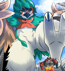  ambiguous_gender anthro avian barefoot biceps big_muscles biped bird black_body black_fur cel_shading city day decidueye detailed_background digital_media_(artwork) duo feathered_wings feathers featureless_crotch feet felid foreshortening fur generation_7_pokemon hi_res incineroar larger_ambiguous looming low-angle_view macro male mammal mayar muscular muscular_male naturally_censored nintendo nude on_one_leg outside pecs perspective pokemon pokemon_(species) pseudo_clothing red_body red_fur running semi-anthro shaded size_difference smaller_male solo_focus standing stomping wings worm&#039;s-eye_view 