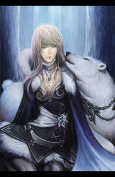  bear blonde_hair cloak commentary_request female flower green_eyes highres jewelry julia_(noa_ikeda) lips long_hair necklace noa_ikeda original photoshop_(medium) polar_bear sitting solo 