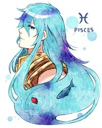  1boy armor blue_eyes blue_hair commentary_request fish from_side gold_armor gold_saint long_hair male_focus mole mole_under_eye petals pisces_(symbol) pisces_(zodiac) pisces_albafica ripples saint_seiya saint_seiya:_the_lost_canvas solo splatter sumimoto_ryuu upper_body zodiac 