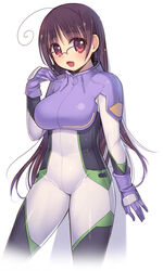  ahoge arima_senne bad_id bad_pixiv_id black_hair bodysuit breasts cosplay female glasses gloves gundam gundam_seed gundam_seed_destiny kashiwamochi_yomogi long_hair open_mouth original photoshop_(medium) pilot_suit red_eyes rey_za_burrel rey_za_burrel_(cosplay) shadow simple_background solo 