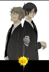  2boys back-to-back bad_id bad_pixiv_id black_hair brown_hair closed_eyes father_and_son flower formal ginoza_nobuchika glasses grin masaoka_tomomi mrc-k multiple_boys necktie photoshop_(medium) prosthesis prosthetic_arm psycho-pass short_hair smile spoilers suit 