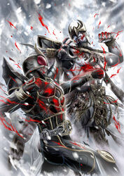  2boys arm_blade armor battle belt black_eyes blood claws clenched_hands commentary_request duel gurongi helmet highres horns kamen_rider kamen_rider_kuuga kamen_rider_kuuga_(series) kamen_rider_kuuga_(ultimate_form) looking_at_another male_focus masukudo_(hamamoto_hikaru) monster multiple_boys n-daguva-zeba punching red_eyes snow tokusatsu weapon 