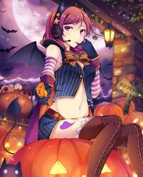  bat_(animal) bat_wings candy commentary_request feline female food full_moon halloween headphones headset highres horns jack-o&#039;-lantern kalian looking_at_viewer love_live! love_live!_school_idol_project midriff moon nishikino_maki pinstripe_pattern pumpkin purple_eyes red_hair short_hair shorts solo star_(symbol) striped tail thighhighs wings 