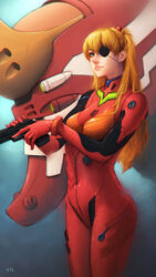  bangs blue_eyes bodysuit bracer closed_mouth cowboy_shot eva_02 evangelion:_3.0_you_can_(not)_redo eyepatch from_side gloves gradient gradient_background gun hair_between_eyes handgun headgear holding holding_gun holding_weapon kit-ho legs_together lips long_hair looking_at_viewer mecha neon_genesis_evangelion nose number orange_hair parted_bangs pilot_suit pistol plugsuit realistic rebuild_of_evangelion shikinami_asuka_langley signature solo souryuu_asuka_langley standing tape trigger_discipline turtleneck two_side_up weapon 