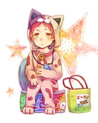  1boy animal_costume animal_ears bad_id bad_pixiv_id bag cat_costume cat_ears cosplay cushion fake_animal_ears kigurumi lolicon male_focus original red_hair sitting solo star_(symbol) starry_background sumimoto_ryuu wallet yellow_eyes 