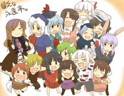  6+girls animal_ears black_hair blue_hair blush brown_hair cameo carrot character_request chibi choujin_sentai_jetman closed_eyes commentary_request crescent_moon dress everyone fujiwara_no_mokou green_eyes green_hair grey_eyes hand_on_shoulder hijiri_byakuren hood horns houraisan_kaguya inaba_tewi japanese_clothes kamishirasawa_keine koyama_shigeru kumoi_ichirin lolicon moon multicolored_hair multiple_girls murasa_minamitsu niconico odagiri_aya open_mouth photo_(object) purple_hair rabbit_ears red_eyes red_hair reisen_udongein_inaba single_horn smile super_sentai tail the_sims touhou translated white_hair yagokoro_eirin 