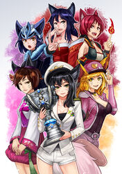  6+girls :d :p ahri_(league_of_legends) alternate_costume animal_ears armor bare_shoulders belt black_hair blazer blonde_hair blue_hair blush bow braid breasts brown_eyes buttons cleavage collar colored_eyelashes commentary cosplay cowboy_shot detached_sleeves dynasty_ahri ears_through_headwear english_commentary epaulettes esports facial_mark fire fireball foxfire_ahri fur_trim generation_ahri girls&#039;_generation goomrrat green_eyes grey_legwear hair_bun hair_ornament hair_stick hand_on_own_face hat hat_bow hat_tip heart heart-shaped_pupils helmet highres holding index_finger_raised jacket jewelry korean_clothes large_breasts league_of_legends lips long_hair long_sleeves looking_at_viewer medium_breasts midnight_ahri multiple_girls multiple_persona open_clothes open_mouth orange_eyes outline outstretched_arm pantyhose peaked_cap pendant photoshop_(medium) popstar_ahri red_hair short_hair short_shorts shorts sideboob sidelocks single_hair_bun smile summoner&#039;s_cup symbol-shaped_pupils tail tongue tongue_out trophy uniform v whisker_markings wide_sleeves yellow_eyes 