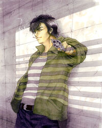  1boy 2006 80s belt black_eyes black_hair cigarette city_hunter denim gun handgun ituki212 jacket jeans looking_at_viewer male male_focus old_school oldschool pants pov revolver saeba_ryou shadow smile solo traditional_media weapon 