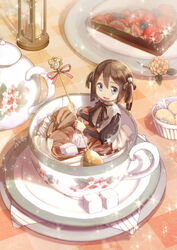  absurdres bad_id bad_pixiv_id blue_eyes blueberry bowl bread bread_slice brown_hair brown_skirt commentary_request cookie cup dress female flower food fruit gingham hair_ribbon highres holding holding_spoon hourglass in_container in_cup juliet_sleeves light_particles long_skirt long_sleeves looking_at_viewer mini_person minigirl neck_ribbon nkohime open_mouth original photoshop_(medium) plate puffy_sleeves ramekin ribbon saucer short_hair short_twintails sitting skirt smile solo spoon strawberry sugar_cube tablecloth tart_(food) teacup teapot toast twintails 