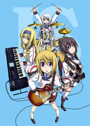  4girls band bass_guitar black_hair blonde_hair blue_eyes boots cagayake!_girls_pose cecilia_alcott charlotte_dunois commentary_request drum drum_set electric_guitar eyepatch fender_jazz_bass gibson_les_paul green_eyes guitar hikasa_youko infinite_stratos instrument k-on! keyboard_(instrument) korg korg_triton laura_bodewig long_hair mister_(black_and_white) multiple_girls pantyhose parody photoshop_(medium) purple_eyes shinonono_houki synthesizer thighhighs uniform voice_actor_connection white_hair 