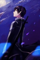  1boy black_eyes black_hair commentary_request highres kirito kirito_(sao-alo) long_sword_(sao) moon pointy_ears saree_m sheath sheathed short_hair sword sword_art_online sword_on_back weapon weapon_on_back 