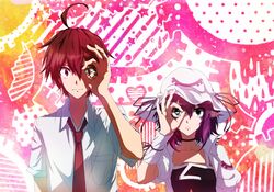  1boy ahoge bad_id bad_pixiv_id brown_eyes brown_hair choker crossover donut_hole_(vocaloid) female fujiwara_yumeji green_eyes hand_gesture hat ikuma looking_at_viewer merry_nightmare necktie pointy_ears purple_hair rainbow short_hair side-by-side smile yumekui_merry 