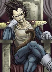  1boy armor bad_id bad_pixiv_id black_hair crossed_legs dragon_ball dragon_ball_z gif_artifacts gloves head_rest male_focus muscular nolife saiyan_armor sitting solo tail vegeta widow&#039;s_peak 