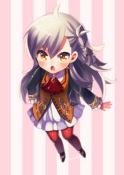  ahoge bad_id bad_pixiv_id blush chibi commentary_request d: fate/grand_order fate_(series) female frilled_sleeves frills full_body grey_hair highres olga_marie_animusphere open_mouth pantyhose sentaku_nori solo striped striped_background vertical_stripes yellow_eyes 