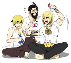  3boys alternate_costume arm_up artoria_pendragon_(fate) barefoot beard black_hair black_pants blonde_hair casual character_doll commentary_request doll earrings edward_teach_(fate) edward_teach_(final_ascension)_(fate) facial_hair fate/grand_order fate/stay_night fate_(series) figure flying_sweatdrops gilgamesh_(fate) gilgamesh_(sensha_otoko)_(fate) goatee indian_style jewelry kaidou_j1 male_focus marie_antoinette_(fate) mash_kyrielight moustache multiple_boys necklace open_mouth pants photoshop_(medium) red_eyes saber_(fate) sakata_kintoki_(fate) sensha_otoko shirt short_sleeves sitting stubble stuffed_toy sunglasses t-shirt tank_top translated twitter_username white_shirt 