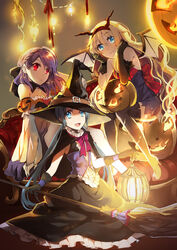  3girls :d alternate_costume armchair asymmetrical_gloves bad_id bad_pixiv_id bat_wings black_gloves black_legwear blonde_hair blue_eyes blue_hair braid broom cape chair corset detached_collar detached_sleeves dress earrings elbow_gloves fake_horns fault fire french_braid gloves hair_between_eyes halloween halloween_costume hat head_rest high_heels holding horns jack-o&#039;-lantern jewelry konatsu_hare lantern long_hair looking_at_viewer multiple_girls necklace official_art open_mouth pumpkin purple_hair red_eyes ritona_reighnvhasta rune_(fault) selphine_rughzenhaide sitting smile strapless strapless_dress swept_bangs uneven_gloves very_long_hair wings witch_hat 