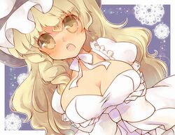  blonde_hair braid breast_lift breasts cleavage commentary_request dutch_angle female gloves hat invincible_marisa kirisame_marisa large_breasts long_hair new_super_marisa_land open_mouth sen1986 solo touhou upper_body white_gloves 