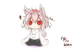  :3 animal_ears bare_shoulders bikuseno commentary_request dated detached_sleeves female grey_hair hat inubashiri_momiji looking_at_viewer pom_pom_(clothes) red_eyes short_hair signature simple_background solo tail tokin_hat touhou translation_request white_background wolf_ears wolf_tail 