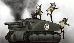  4girls animal_ears bad_id bad_pixiv_id blonde_hair cat_ears caterpillar_tracks goggles m4_sherman mars_expedition medium_tank military military_uniform military_vehicle motor_vehicle multiple_girls no_pants on_vehicle panties pantyshot self-propelled_artillery smoke standing star_(symbol) tank thighhighs turretless_tank underwear uniform war world_war_ii y_(khakiyawn) 