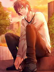  1boy brown_hair building can cloud collarbone commentary_request drink_can jewelry male_focus neck necklace original pants shoes sitting sky smile soda_can solo sumimoto_ryuu sunlight tree v-neck yellow_eyes 