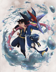  1boy ash-greninja commentary_request greninja ninja photoshop_(medium) poke_ball pokemon pokemon_(anime) pokemon_(creature) satoshi_(pokemon) scarf tongue tongue_out yoi_(207342) 