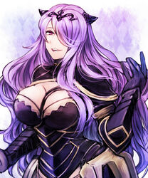  argyle_background armor black_armor black_gloves breasts camilla_(fire_emblem) cleavage commentary_request female fire_emblem fire_emblem_fates gloves hair_over_one_eye holding holding_own_hair horns large_breasts lips long_hair open_mouth pink_eyes purple_hair smile solo sumimoto_ryuu upper_body vambraces very_long_hair 