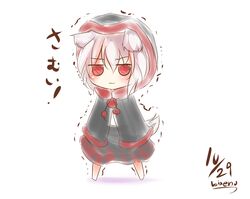  :3 animal_ears bikuseno coat commentary_request dated ears_down female inubashiri_momiji looking_at_viewer pom_pom_(clothes) red_eyes short_hair signature simple_background solo tail touhou translated trembling white_background white_hair wolf_ears wolf_tail 