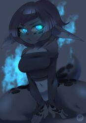  2017 black_and_blue black_body black_hair black_scales blue_eyes breasts clothed clothing dragon eyelashes female fire fully_clothed glowing glowing_eyes hair hi_res humanoid humanoid_pointy_ears monochrome mythological_creature mythological_scalie mythology navel obakawaii scales scalie short_hair short_stack smolder solo spread_legs spreading tail thick_thighs wide_hips 