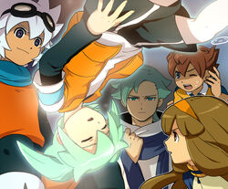  4boys asurei_rune bad_id bad_pixiv_id brown_eyes brown_hair closed_eyes fei_rune female garu_(inazuma_eleven) goggles goggles_on_head green_eyes green_hair inazuma_eleven_(series) inazuma_eleven_go inazuma_eleven_go_chrono_stone long_hair matsukaze_tenma mizuhara_aki multiple_boys nanobana_kinako raimon saryuu_evan short_hair soccer_uniform sportswear white_hair 