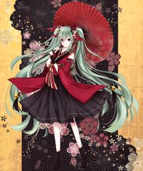  an-mar boots commentary_request cross-laced_footwear female flower full_body green_eyes green_hair hair_flower hair_ornament hatsune_miku highres japanese_clothes lace-up_boots long_hair oil-paper_umbrella skirt solo twintails umbrella very_long_hair vocaloid 