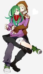  1boy bad_id bad_pixiv_id brown_hair female green_hair hair_over_one_eye hood hoodie hug hug_from_behind kagerou_project kano_shuuya kido_tsubomi long_hair momomosae red_eyes short_hair sitting sitting_on_lap sitting_on_person straight 