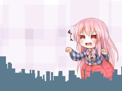  bikuseno bubble_skirt city commentary_request female giant giantess hata_no_kokoro highres long_hair long_sleeves open_mouth pink_eyes pink_hair plaid plaid_shirt shirt skirt solo teeth touhou 