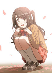  blazer brown_eyes brown_hair cherry_blossoms commentary_request female idolmaster idolmaster_cinderella_girls jacket long_hair md5_mismatch one_side_up resolution_mismatch school_uniform shimamura_uzuki shino_(r_shughart) solo source_larger squatting 