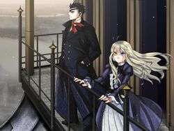  1boy akira_(kaned_fools) balcony black_hair blonde_hair blue_eyes bow dress eyepatch female formal frills game_cg hand_in_pocket heterochromia long_hair m_(shikkoku_no_sharnoth) mary_clarissa_christie mature_male necktie pants ribbon shikkoku_no_sharnoth spiked_hair steampunk_(liarsoft) suit waist_bow yellow_eyes 