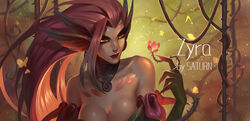  bare_shoulders breasts bug butterfly character_name chinese_commentary choker cleavage collarbone colored_sclera commentary_request facial_mark female flower forehead_mark highres large_breasts league_of_legends lipstick long_hair makeup photoshop_(medium) plant red_hair red_lips saturn_(satscarlet) solo thorns vines yellow_eyes yellow_sclera zyra 