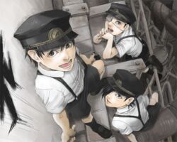  3boys black_eyes black_hair brown_eyes dafu dafu_(litchi_hikari_club) eyepatch gakuran hair_over_one_eye hat kaneda kaneda_(litchi_hikari_club) litchi_hikari_club looking_at_viewer multiple_boys open_mouth school_uniform shorts smile tamiya tamiya_(litchi_hikari_club) young younger 