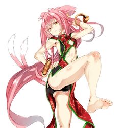  adjusting_hair animal_ears armpits bare_legs barefoot black_panties blazblue bracelet breasts cameltoe china_dress expressionless feet female glasses hair_between_eyes hair_ribbon hair_tucking jewelry kokonoe leg_up long_hair looking_at_viewer midriff morikawa_(futomayu) multiple_tails panties petite pince-nez pink_hair ponytail slit_pupils small_breasts soles tail very_long_hair yellow_eyes 