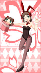  2girls amami_haruka animal_ears brown_hair chibi commentary_request detached_collar dual_persona green_eyes haruka-san hat highres idolmaster idolmaster_(classic) multiple_girls nitoro-star one_eye_closed pantyhose photoshop_(medium) playboy_bunny puchimasu! rabbit_ears rabbit_tail ribbon tail top_hat wrist_cuffs 