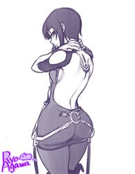  agawa_ryou artist_name ass back back_tattoo backless_dress backless_outfit bad_id bad_tumblr_id boots breasts cowboy_shot dress female from_behind frown hands_on_own_neck kagerou:_kokumeikan_shinshou knee_boots looking_at_viewer looking_back md5_mismatch medium_breasts millennia monochrome pantyhose profile purple_theme short_dress short_hair shoulder_pads sideboob signature simple_background solo standing tattoo thighs white_background wide_hips 