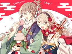  1boy 2018 commentary_request corrin_(female)_(fire_emblem) corrin_(fire_emblem) dinikee female fire_emblem fire_emblem_fates fire_emblem_heroes food grey_hair headband japanese_clothes kimono long_hair nail_polish pointy_ears ponytail red_eyes red_nails smile takumi_(fire_emblem) takumi_(new_year)_(fire_emblem) very_long_hair white_hair 