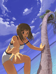  arm_support beach brown_eyes brown_hair copyright_request day female foreshortening hands kizaki_(volvox) looking_at_viewer ocean open_mouth outdoors outstretched_arms outstretched_hand palm_tree short_hair sky solo strap_slip tree 