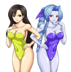  2girls aerith_gainsborough black_hair blue_hair braid breasts brown_eyes cleavage cosplay earrings final_fantasy final_fantasy_vii hair_ribbon hand_on_own_hip holding_another&#039;s_arm jewelry kuroitsuki large_breasts leotard long_hair multiple_girls one-piece_swimsuit pollensalta pollensalta_(cosplay) red_eyes ribbon smile snow_(ff7) snow_(ff7)_(cosplay) swimsuit tifa_lockhart transformation yellow_leotard 