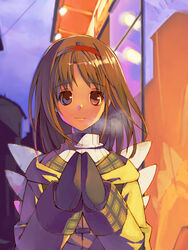  black_gloves breath brown_hair building cloak female gloves kanon kizaki_(volvox) lamp light looking_at_viewer mittens outdoors own_hands_together short_hair smile solo sweater tsukimiya_ayu turtleneck upper_body 