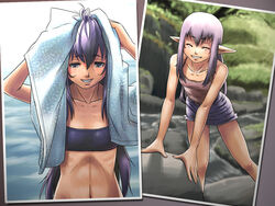  2girls blush closed_eyes commentary_request elf elvaan final_fantasy final_fantasy_xi flat_chest grey_eyes long_hair miniskirt multiple_girls photoshop_(medium) pointy_ears prishe purple_hair skirt smile swimsuit tara_baka_ni towel 